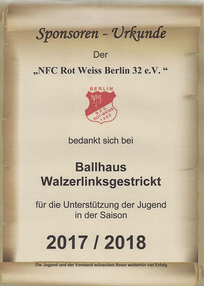Das Walzer sponsort den Fußballclub NFC Rot-Weiss 32 Berlin e.V.
